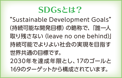 SDGsとは？ Sustainable Development Goals（持続可能な開発目標）の略称で、「誰一人取り残さない（leave no one behind）」持続可能でよりよい社会の実現を目指す世界共通の目標です。2030年を達成年限とし、17のゴールと169のターゲットから構成されています。