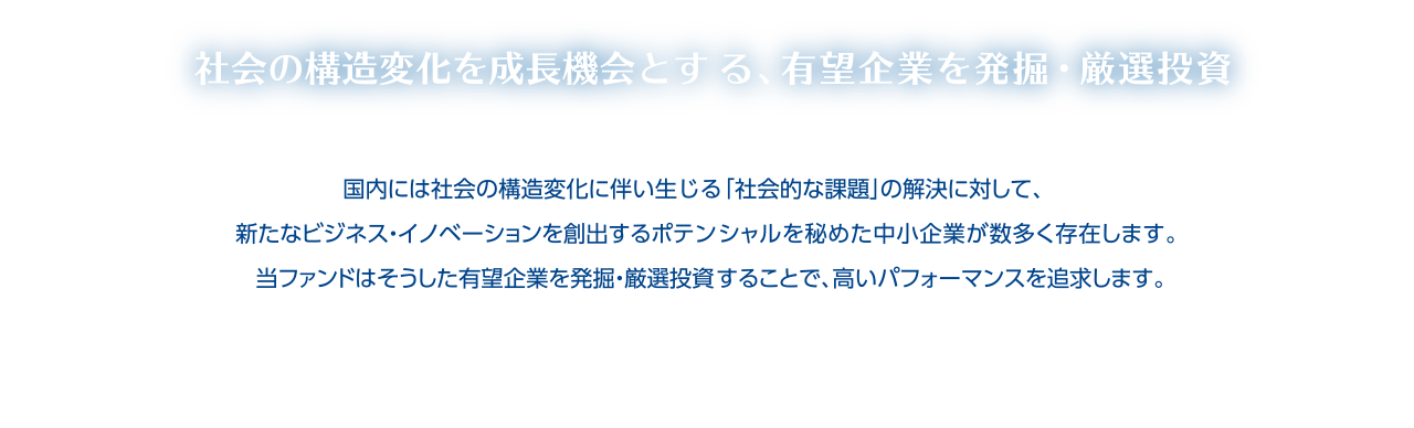 社会の構造変化を成長機会とする、有望企業を発掘・厳選投資 国内には社会の構造変化に伴い生じる「社会的な課題」の解決に対して、新たなビジネス・イノベーションを創出するポテンシャルを秘めた中小企業が数多く存在します。当ファンドはそうした有望企業を発掘・厳選投資することで、高いパフォーマンスを追求します。